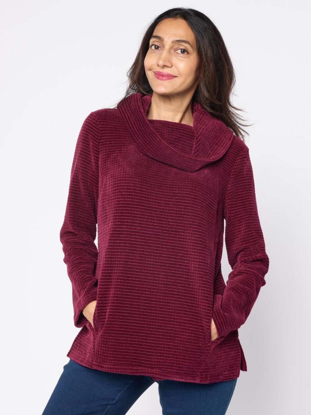 Nina Leonard Chenille Cowl Neck Sweater - Wine